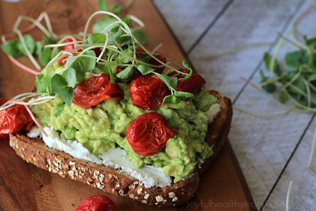 Mashed Avocado Goat Cheese Sandwich With Roasted Cherry Tomatoes