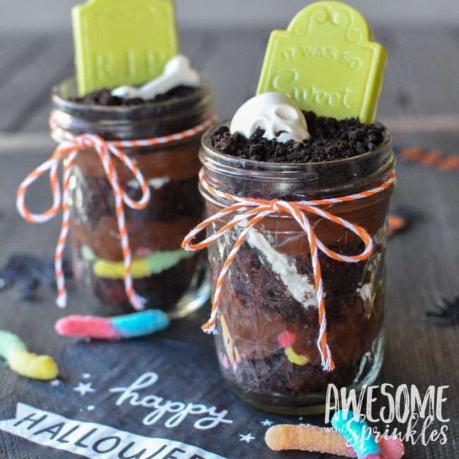 Ghostly Graveyard Pudding Dirt Cups in Mason Jars