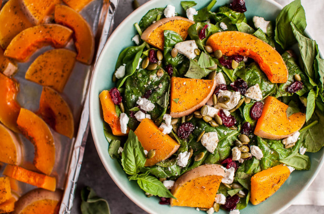 Roasted Butternut Squash Spinach Salad With Goat's Cheese