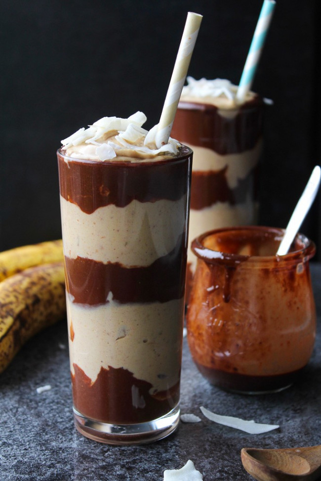 Layered Chocolate & Peanut Butter Banana Milkshakes