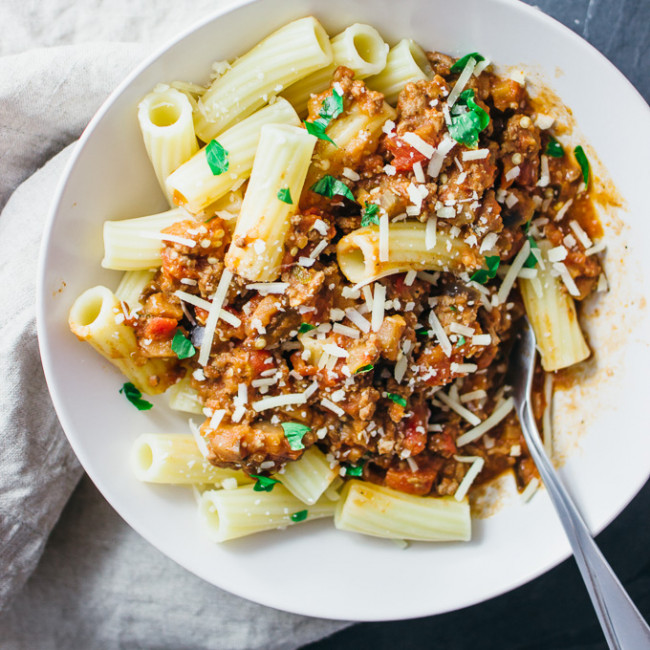 Simple hearty rigatoni bolognese with eggplant - savory tooth