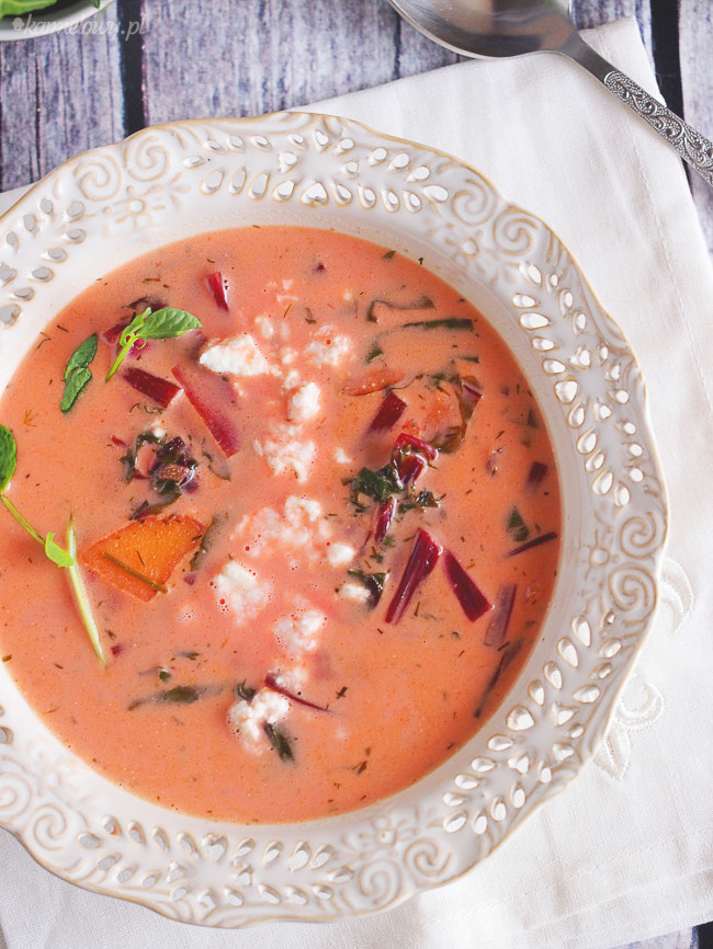 Young beet soup with potatoes and feta cheese