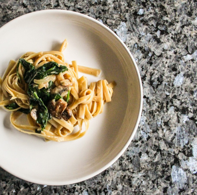 Pasta in a Creamy Mushroom Sauce with Baby Spinach