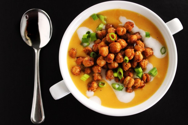 Butternut squash soup with smoked gouda and spicy chickpeas