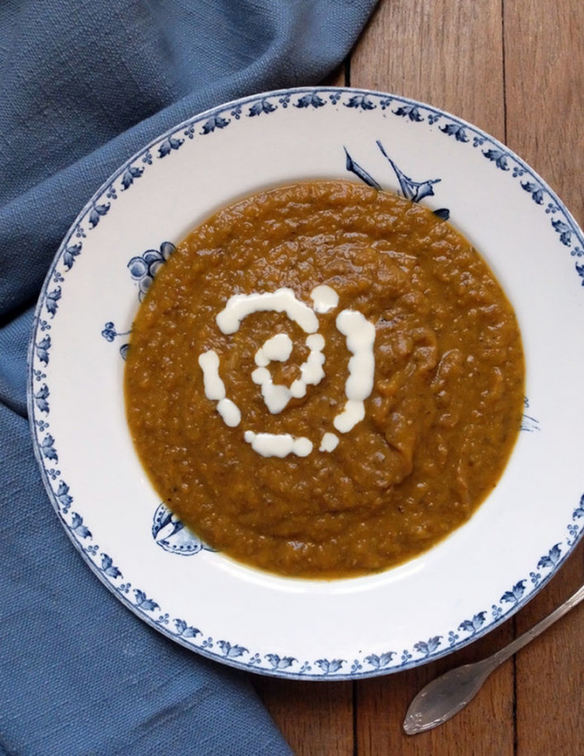 Squash Lentil Soup with Candied Ginger Cream