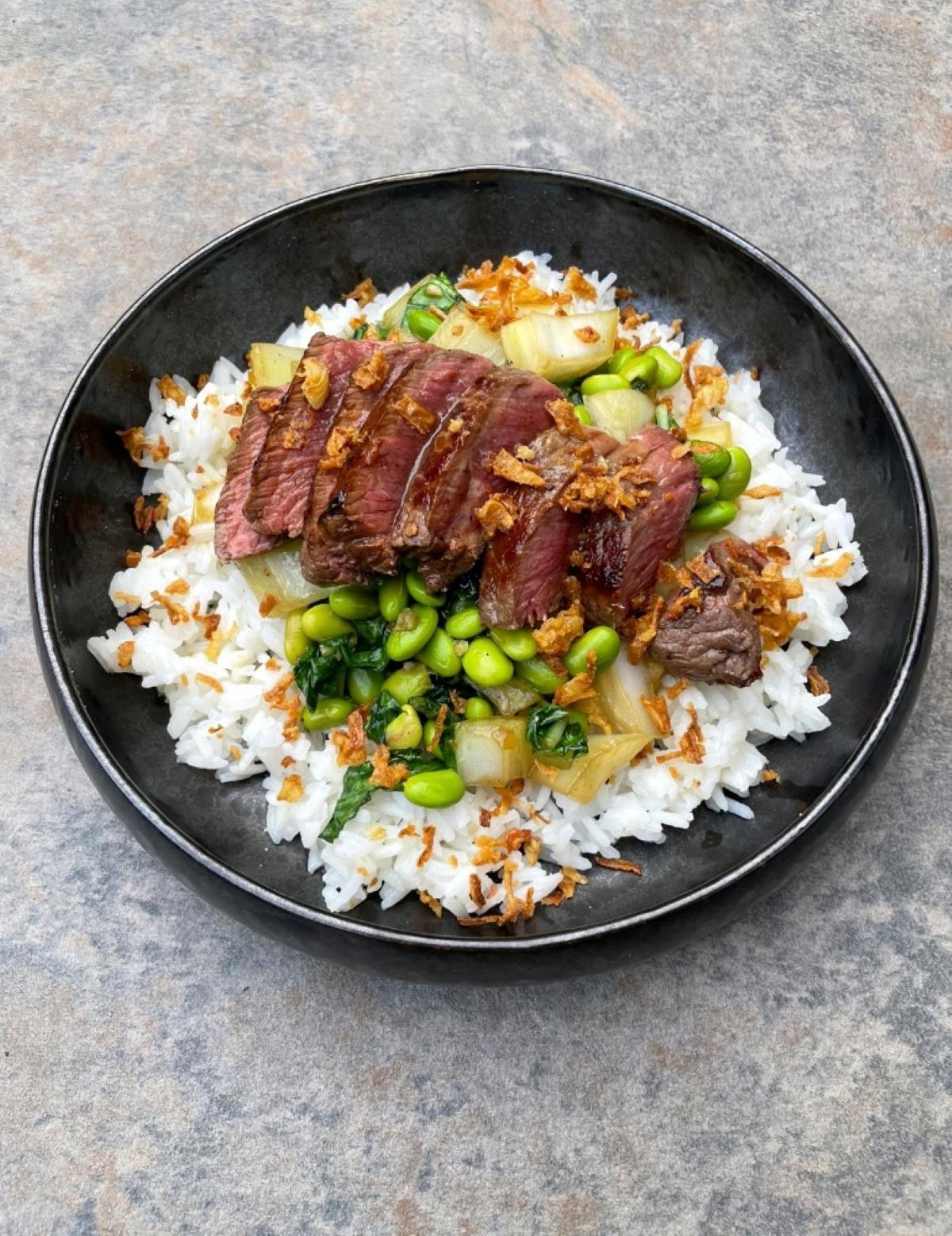 Asian Steak with Edamame, Bok Choy and Rice