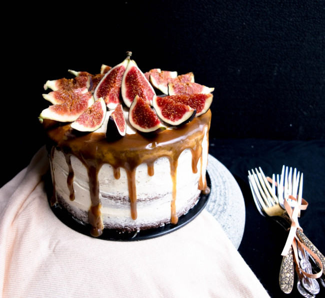 Chocolate, Honey, Whiskey Cake With Figs And Salted Caramel