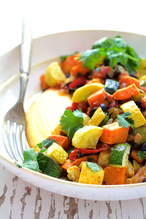 Spicy Roasted Vegetable and Black Bean Ragout with Polenta