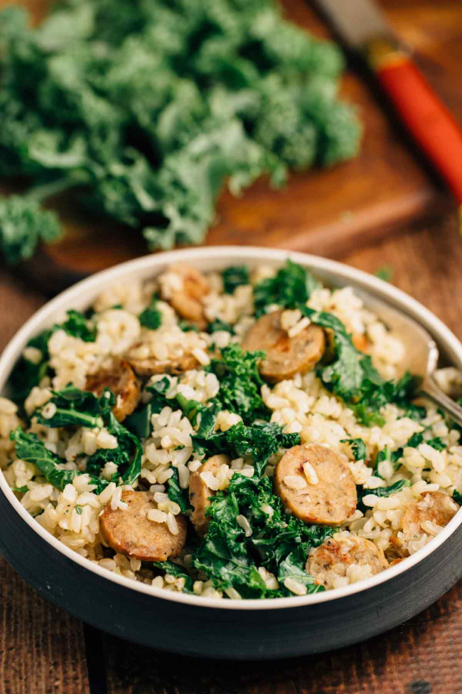 Sausage And Kale Rice Bowl For One - Vegan, Gluten Free