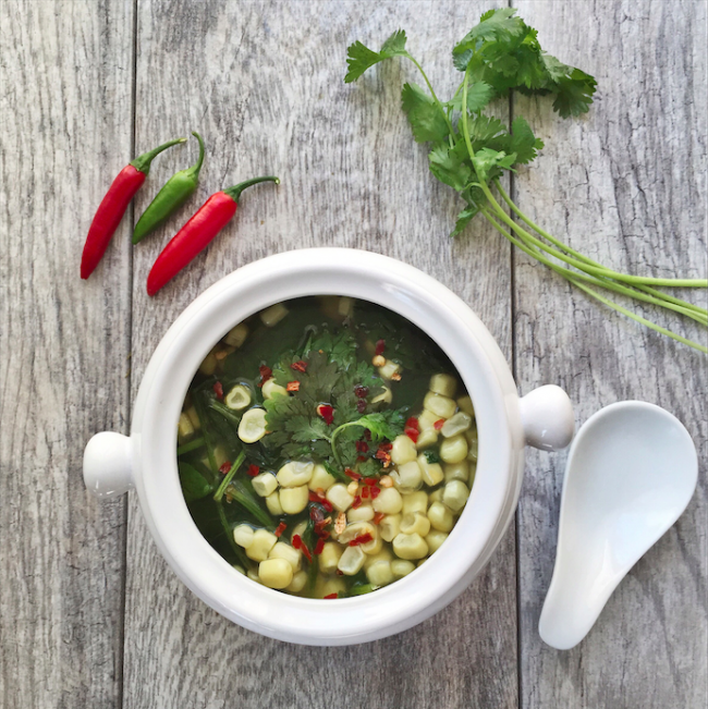 Spinach Corn Soup with Ginger Broth