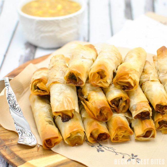 Mini Chicken Cigars with Sweet and Sour Pineapple Dipping Sauce