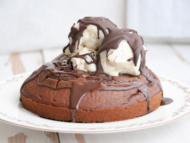 Chocolate Lovers Cake With Banana Ice Cream And Chocolate Hard Shell