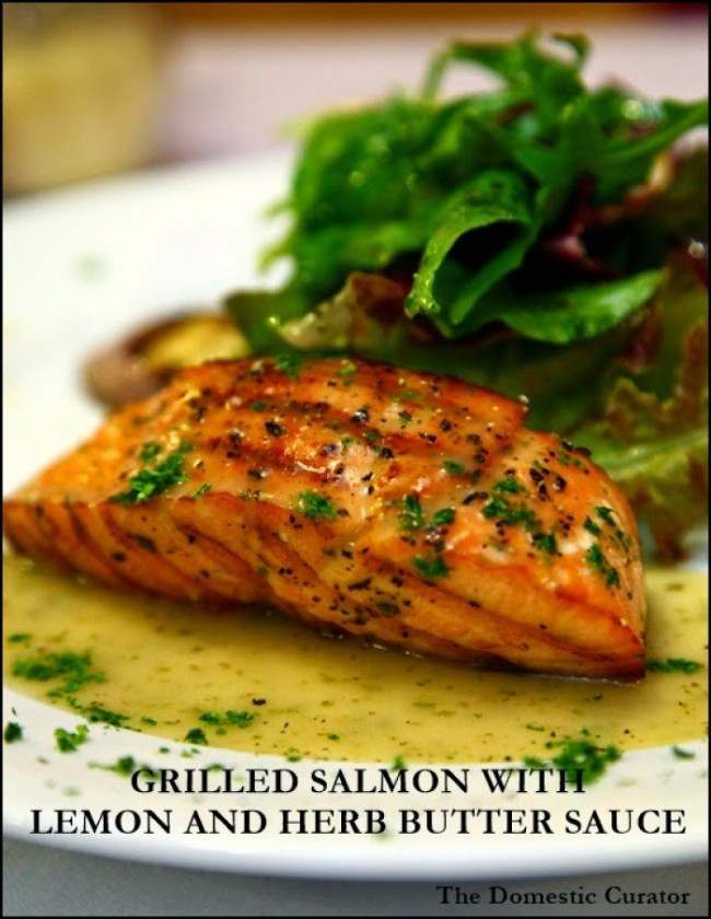 Grilled Salmon with Lemon and Herb Butter Sauce 