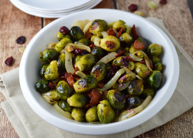 Roasted brussel sprouts with caramelized onions and bacon
