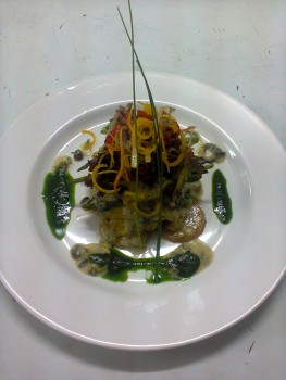 "Marinated grilled fish with roasted watermelon and basil pesto and  lemon butter sauce"