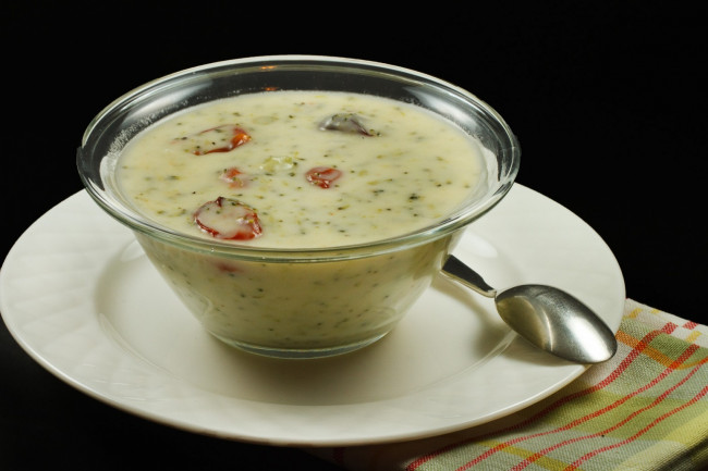 Cream of Broccoli Soup with Roasted Tomatoes and Cheddar 