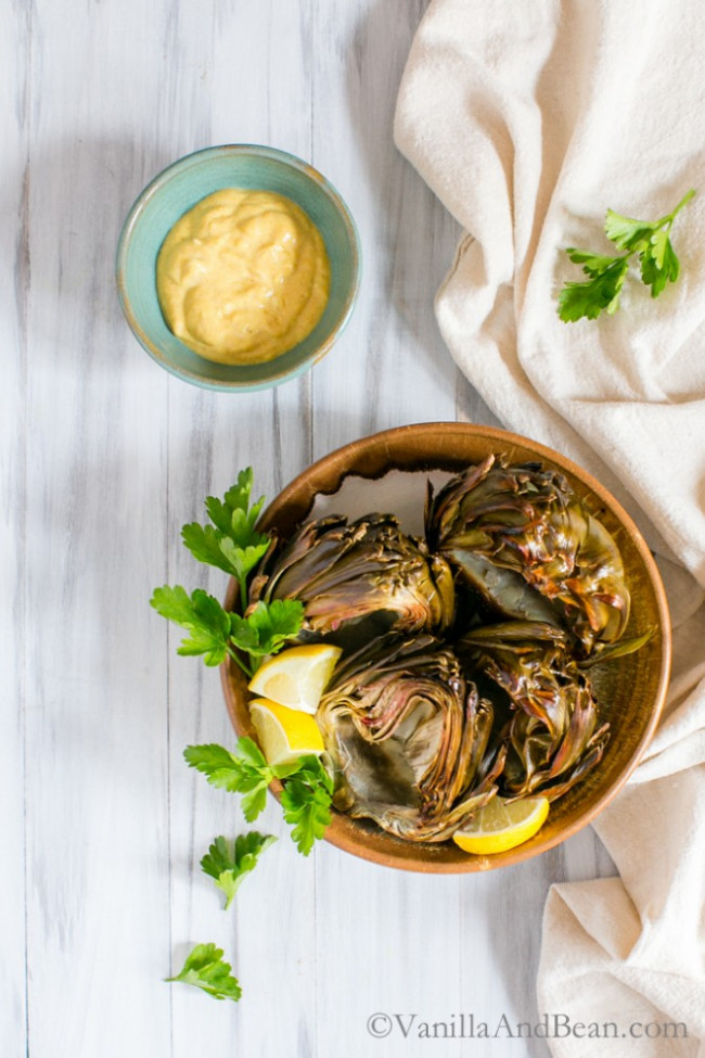 Roasted Artichokes with Curried Aioli