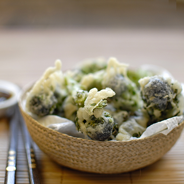 broccoli tempura with soy and ginger dipping sauce