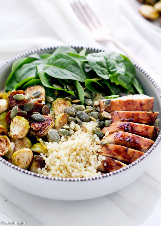 Balsamic Brussels Sprouts And Chicken Quinoa Bowls