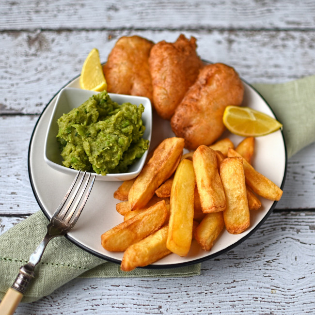 Beer Battered Halloumi With Chips And Mushy Peas