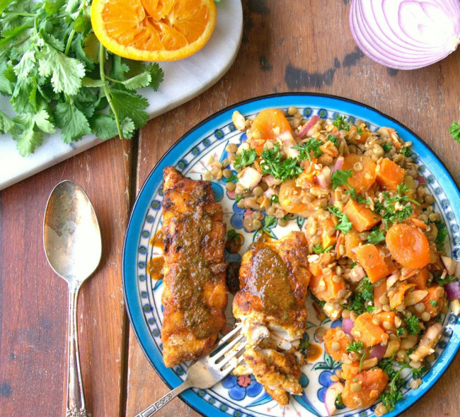 moroccan fish with roasted sweet potato and lentil salad