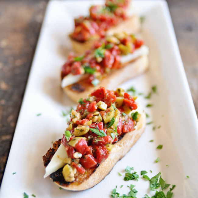 Bruschetta with Roasted Peppers and Spanish Olives
