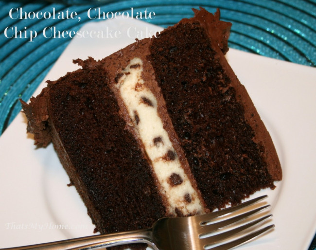 chocolate, chocolate chip cheesecake cake