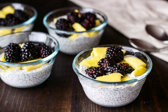 COCONUT CHIA PUDDING WITH MANGO AND BLACKBERRIES