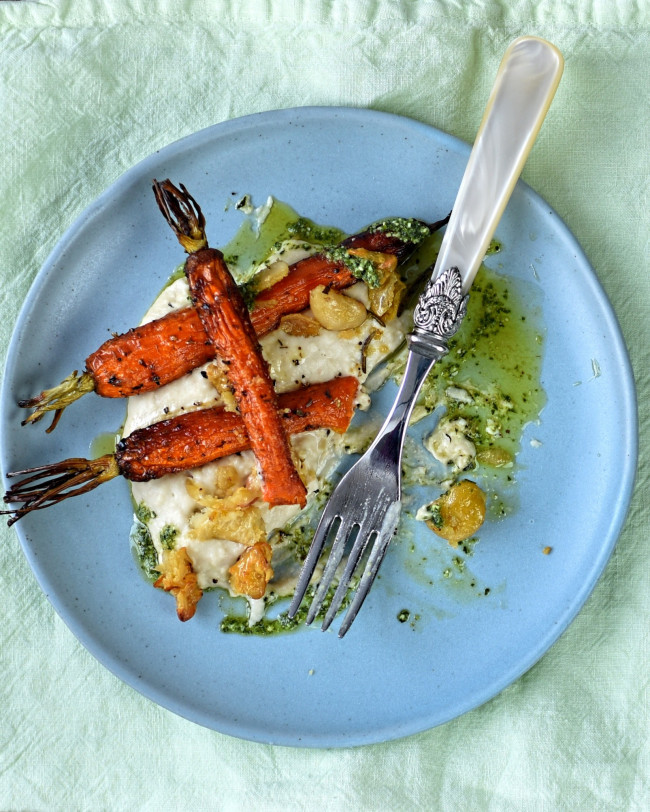 carrots and butter beans with carrot top pesto
