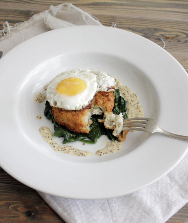 Cod & Potato Cake with Baby Spinach and Grain Mustard Sauce