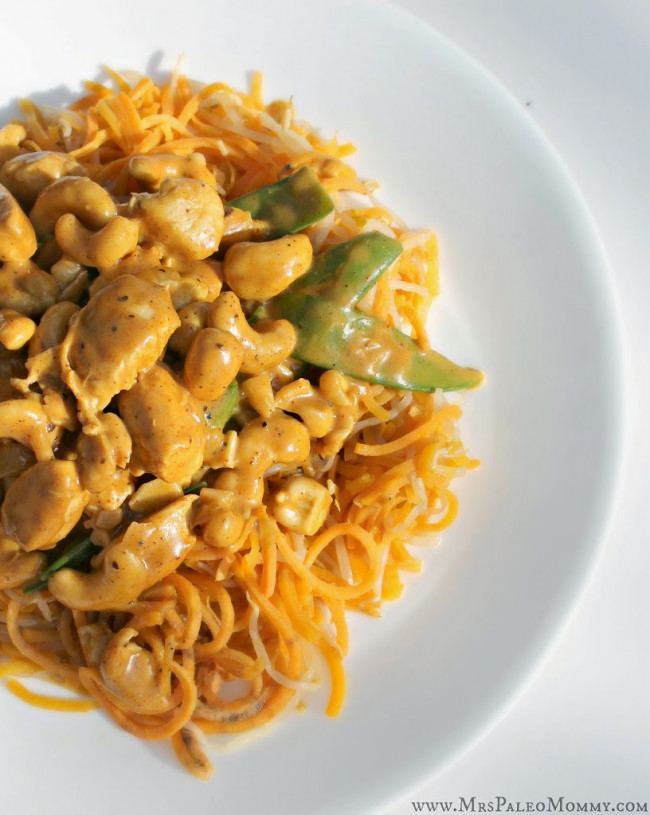 Curry Cashew Chicken over Sweet Potato Noodles -