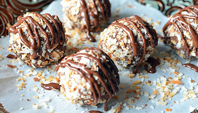 cream cheese chocolate bites with roasted coconut