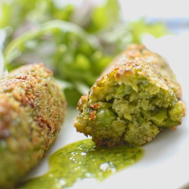 pea and broad bean croquettes with Thai basil sauce