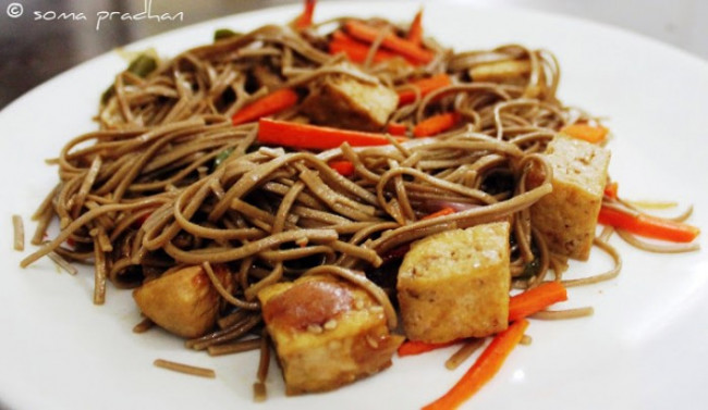 Soba Noodles cooked with Stir Fried Tofu and Veggies