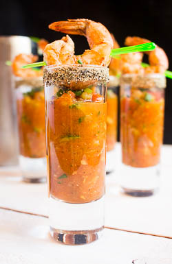 Spicy Bloody Mary Gazpacho and Shrimp Shooters