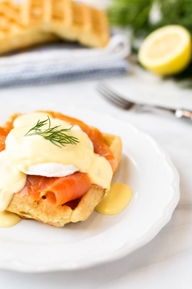 smoked salmon eggs benedict with dill waffles