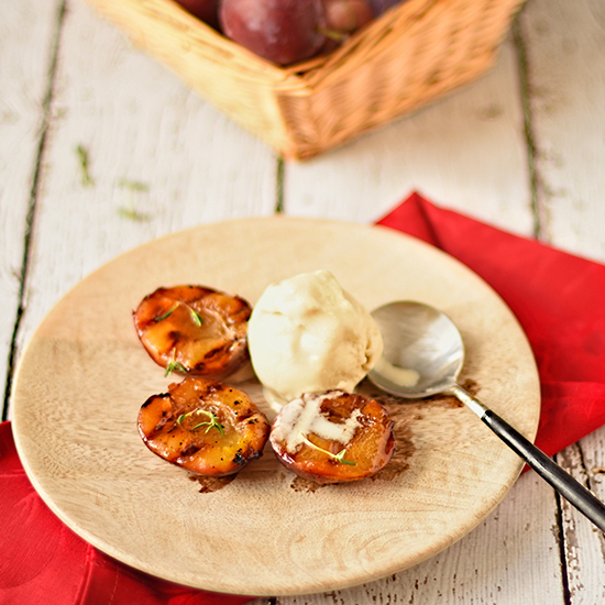 griddled plums with thyme orange and vanilla ice cream