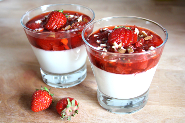 Homemade Coconut Milk and Coconut cream with strawberries and rhubarb