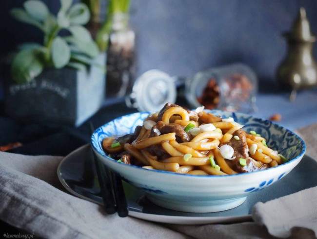 Beef and mushroom udon noodles