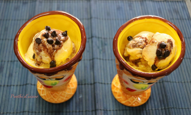 mango ice cream with chocolate swirl