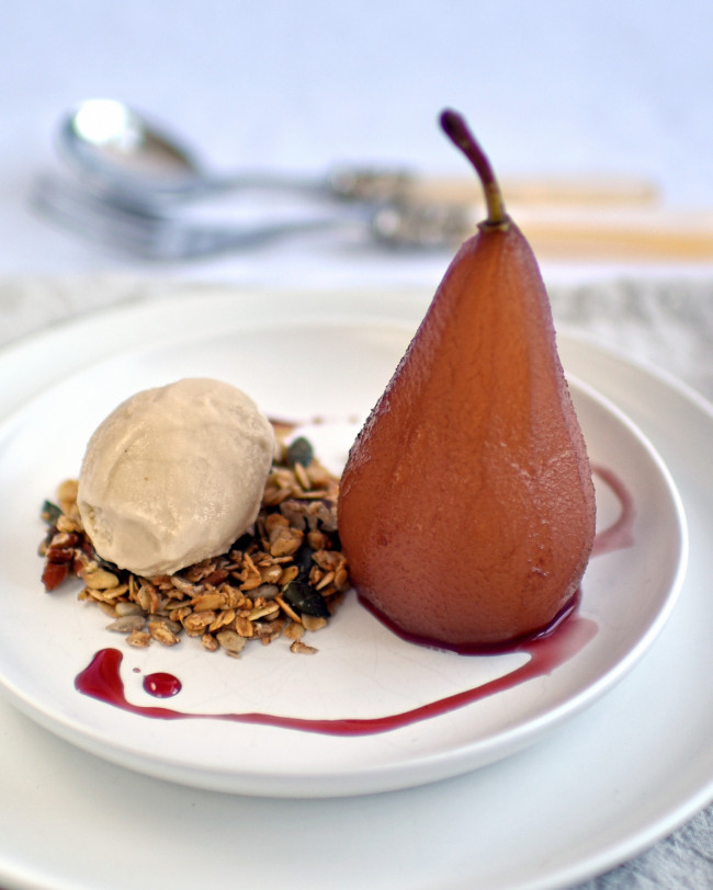 poached pears with pecan granola and miso ice cream 