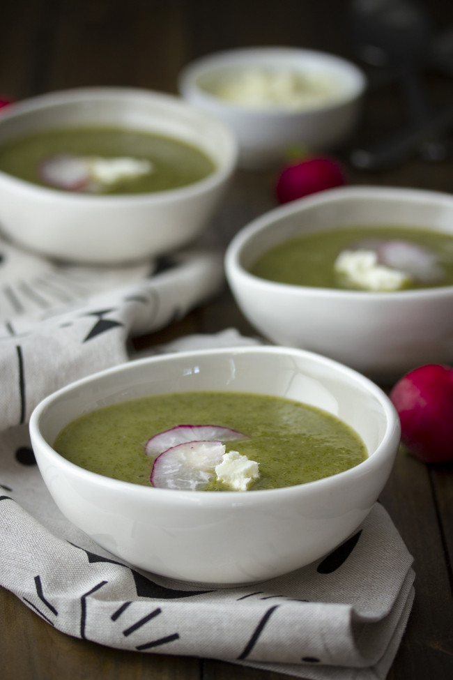 simple radish leaf soup with whipped feta