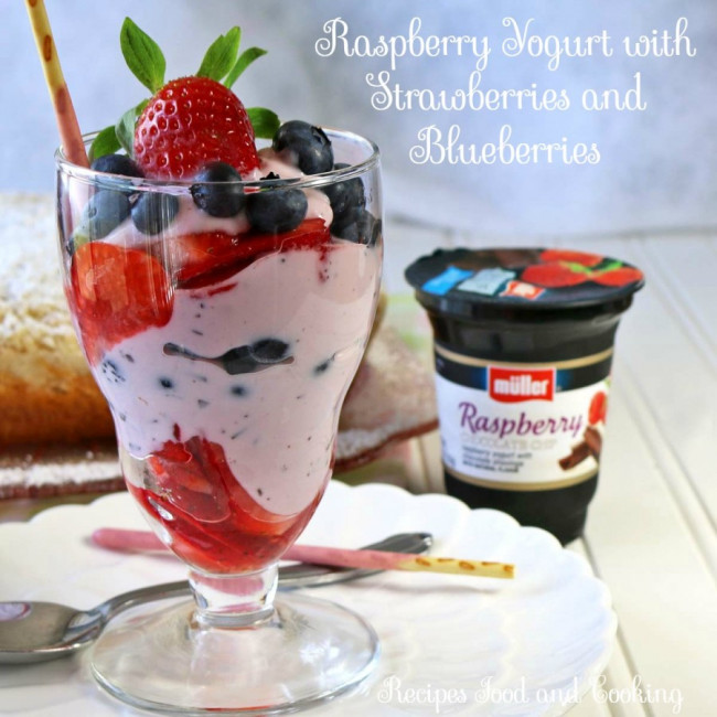 raspberry yogurt with strawberries and blueberries