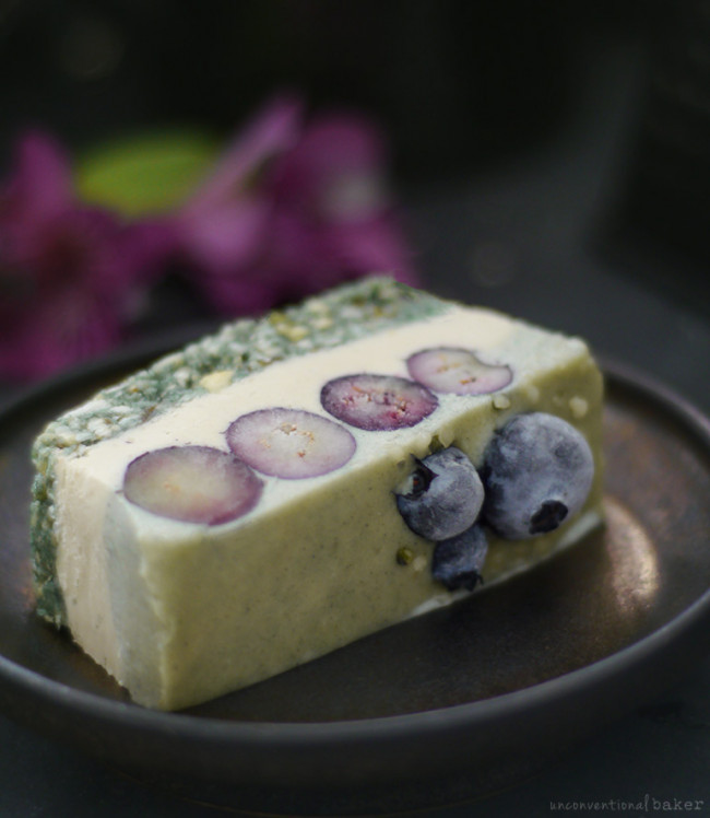 raw blueberry spirulina cheesecake slice -  free from: gluten & grains, dairy, refined sugar