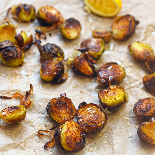 roasted Brussels sprouts and shallots with lemon and smoked sea salt
