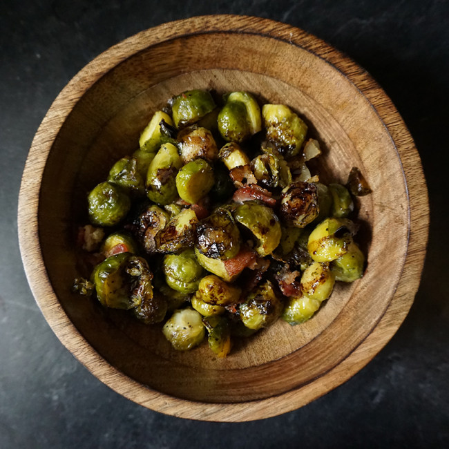 Roasted Brussels sprouts and bacon with balsamic reduction
