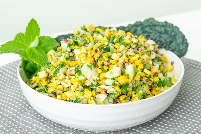 Grilled Corn Salad With Cucumber & Minty Cilantro Vinaigrette