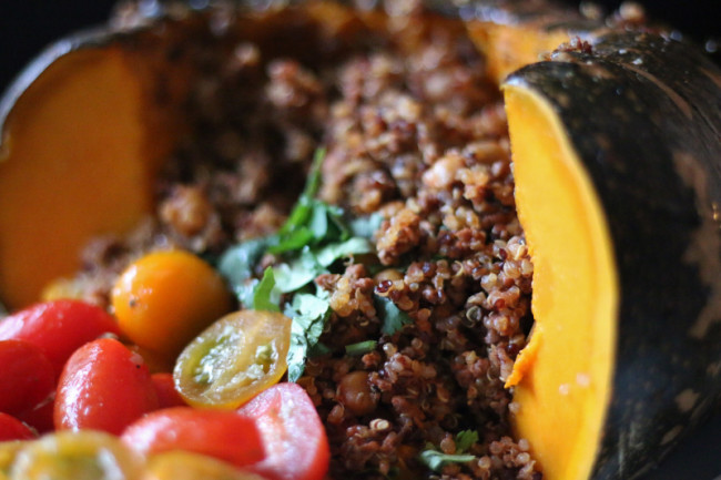 roasted pumpkin with spicy beef and quinoa filling