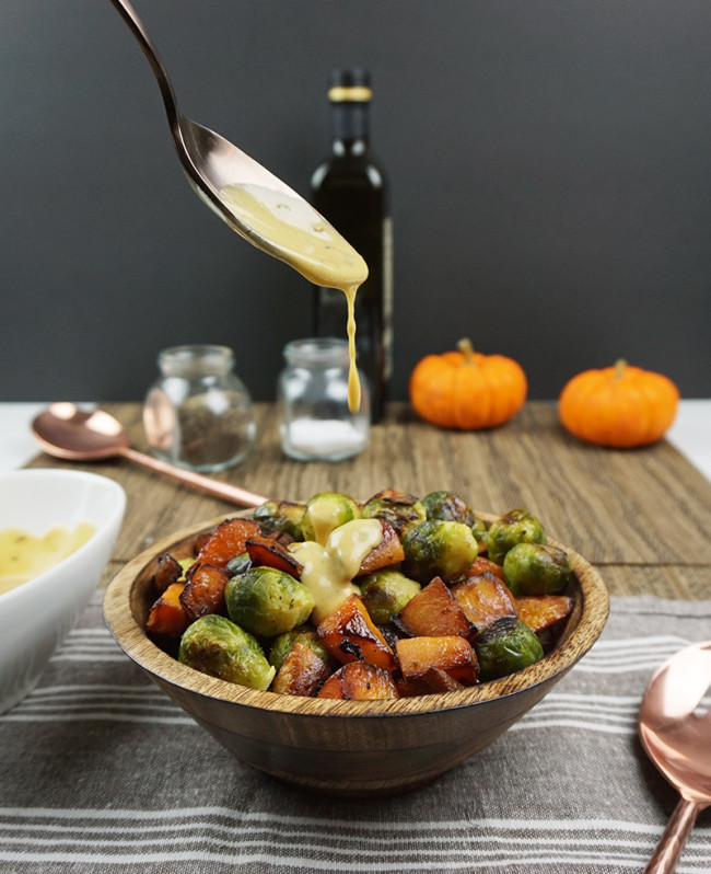 Roasted Brussels sprouts and squash with dijon vinaigrette