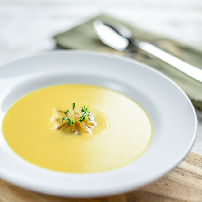 Roasted Winter Squash Soup with Candied Ginger and Coconut Milk